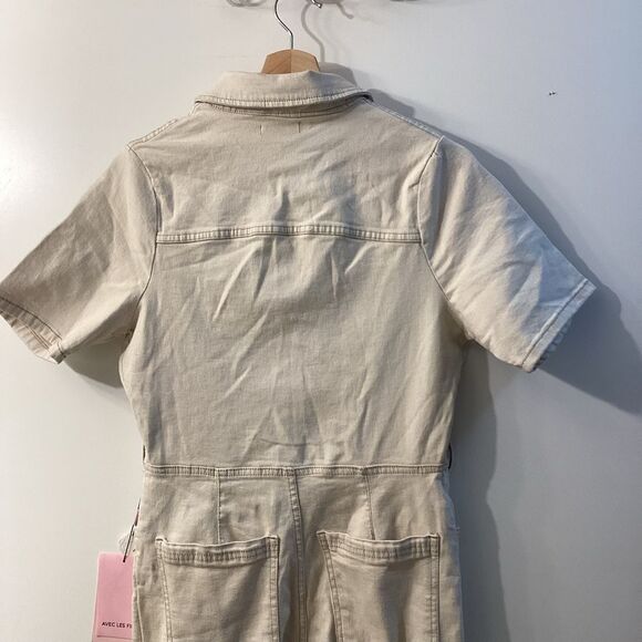 Avec Les Filles Tie Waist Denim Jumpsuit – Ecru Cream Women’s One Piece - Picture 10 of 15